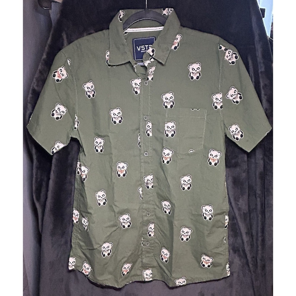 VSTR Green PANDA‎ Wearing Banda Mask Print Button Up Shirt Short sleeve MENS M